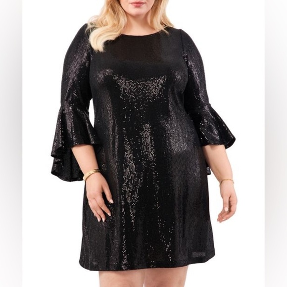 NWOT Vince Camuto black bell sleeve flounce sequin mini shift dress - Picture 1 of 6